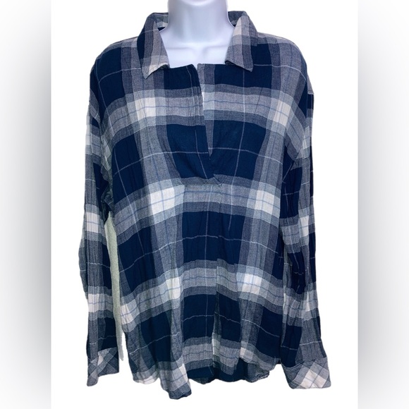 a.n.a. Blue Plaid Flannel Pullover LS Top Relaxed M Lightweight E4344 - Picture 1 of 6